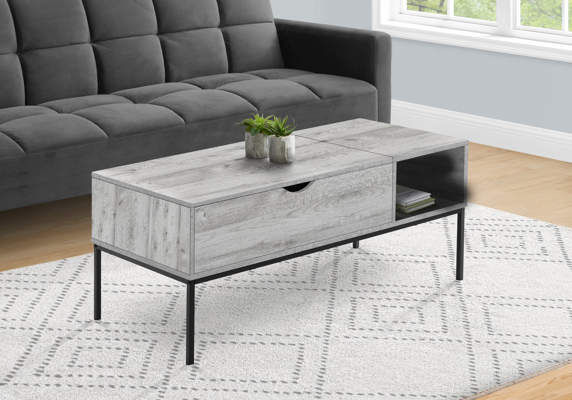 Coffee Table, 42" L, Rectangular, Cocktail, Lift Top, Grey, Black Metal, Contemporary, Modern Grey Particle Board