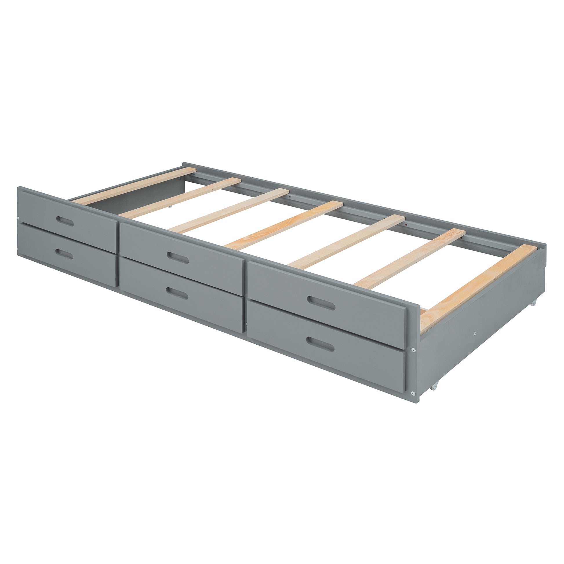 Twin Size Wooden Bed With Storage Headboard With Outlets, Extendable Bed With Twin Size Trundle With Three Storage Drawers,Gray Twin Gray Wood