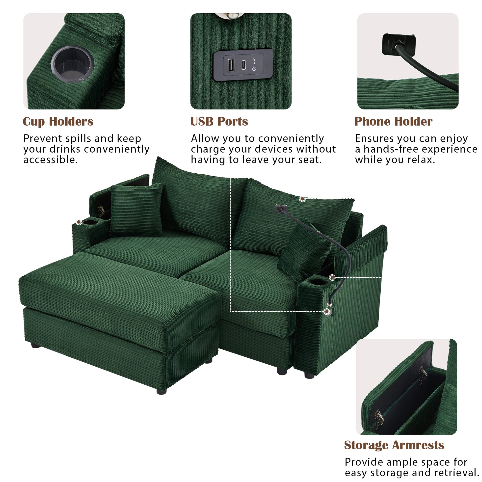 72.8" Modern Style Loveseat Sofa Sectional Sofa Couch With Storage Space, A Movable Ottoman, Two Usb Ports, Two Cup Holders, A Phone Holder For Living Room, Green Green Foam Corduroy 3 Seat