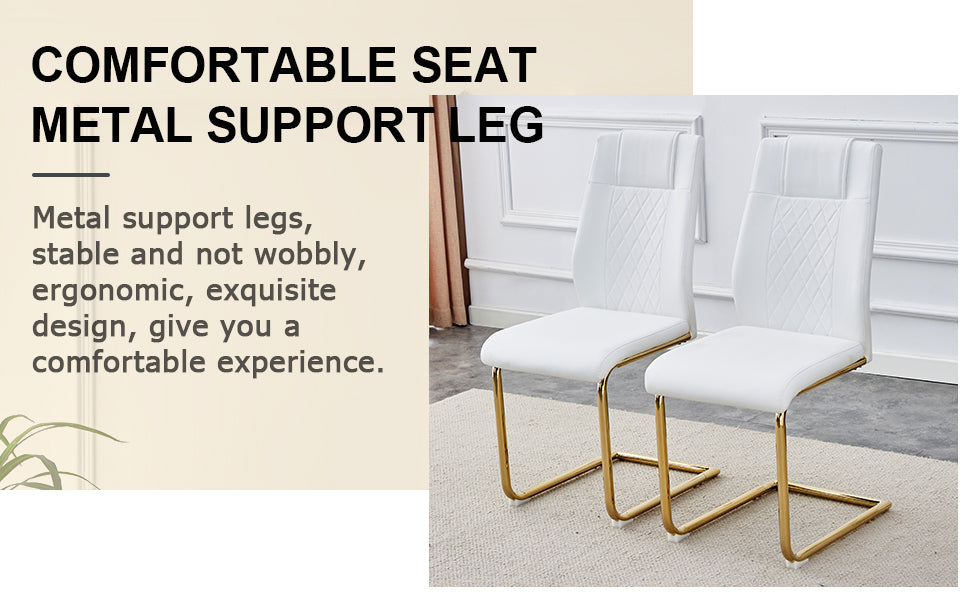 Table And Chair Set.Modern Rectangular Dining Table With Transparent Tempered Glass Tabletop And Gold Plated Metal Legs.Paried With 8 Comfortable Chairs With Pu Seats And Golden Metal Legs. Transparent,White Gold Seats 8 Glass Metal