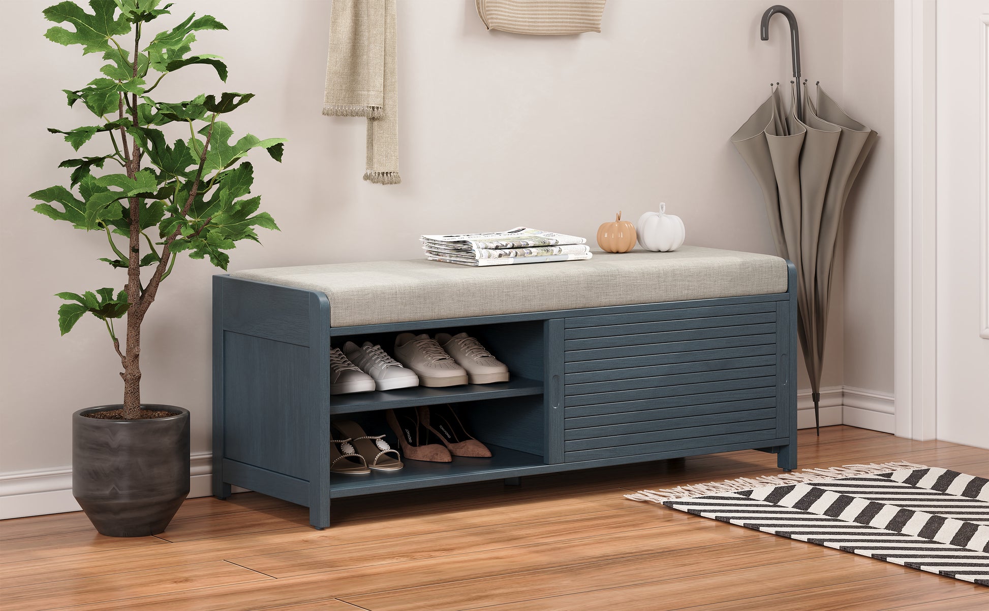 Distressed Shutter Storage Bench With Acacia Veneer For Retro Charm For Living Room, Entryway Navy Navy Mdf