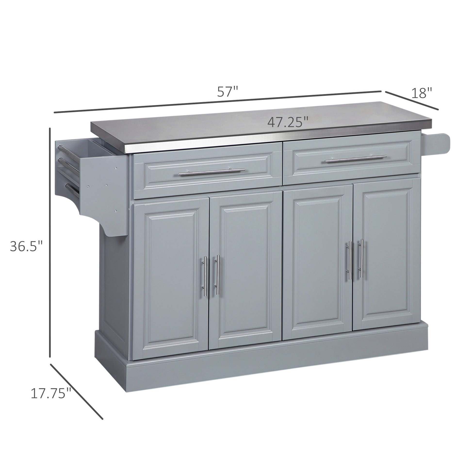 Homcom Rolling Kitchen Island With Storage, Portable Kitchen Cart With Stainless Steel Top, 2 Drawers, Spice, Knife And Towel Rack And Cabinets, Gray Grey Mdf