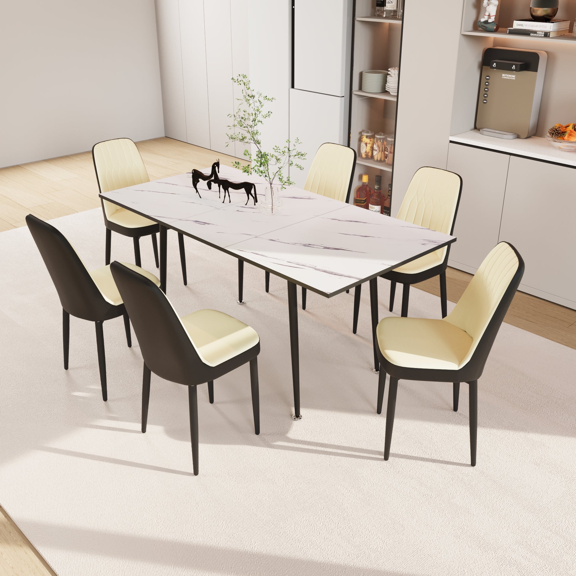 47" 63" Expandable Dining Table Set For 2 6 People, Equipped With Pu Fabric Thick Cushioned Dining Chair And An Elegant And Spacious Dining Tablekitchen Table And Chair Set, With Black Metal Legs