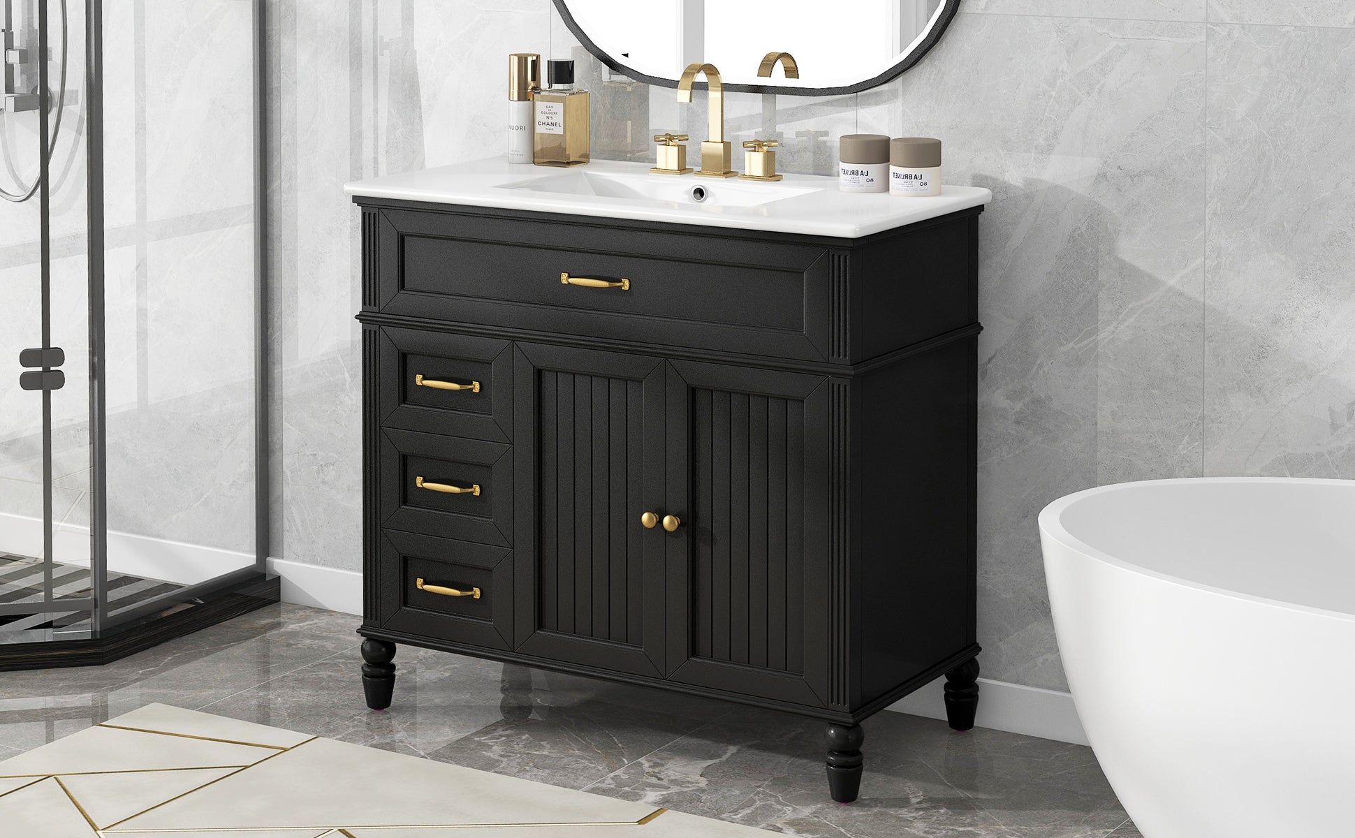 36" Bathroom Vanity With Sink, Black Bathroom Cabinet With Drawers, Solid Frame And Mdf Board, One Package Black Solid Wood Mdf