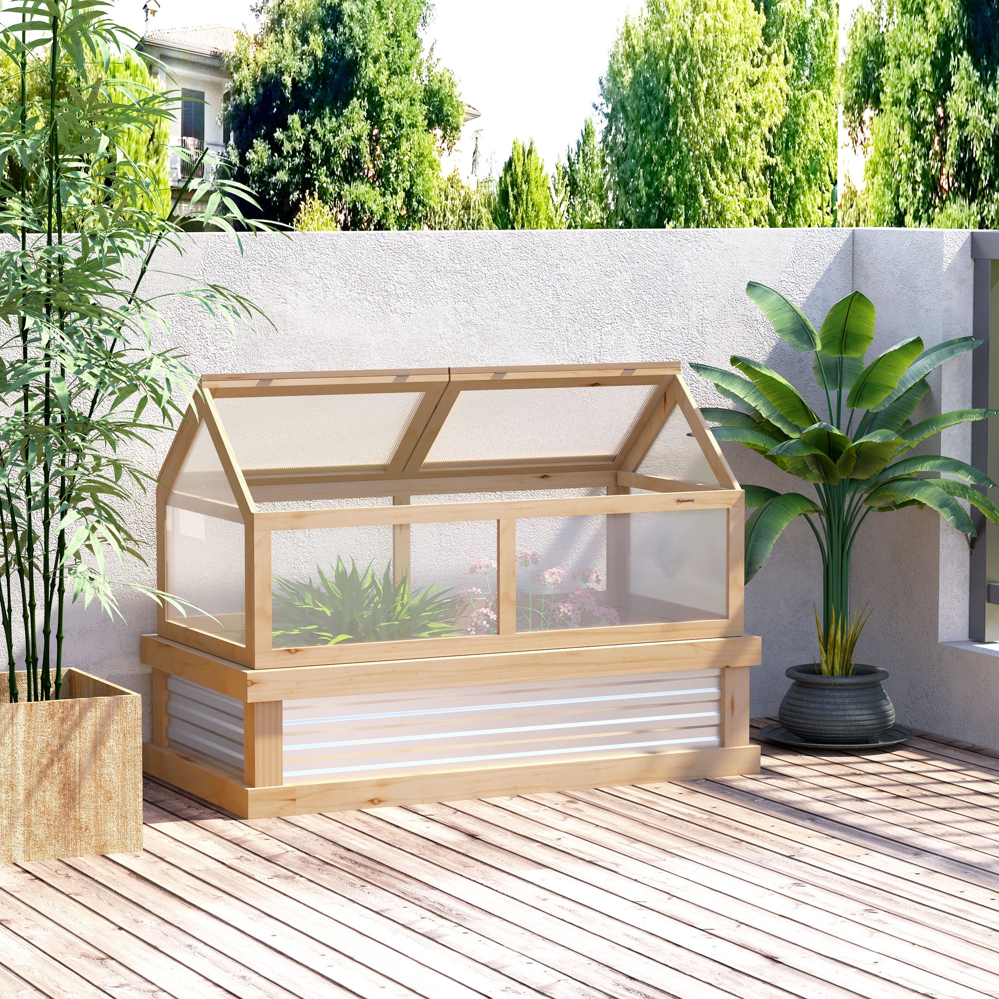 Outsunny Raised Garden Bed With Polycarbonate Greenhouse, Wooden Garden Cold Frame Greenhouse, Flower Planter Protection, 48" X 24" X 32", Natural Natural Wood Wood