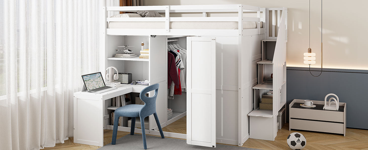 Full Size Loft Bed With Wardrobe,Desk And Shelves,White White Mdf Lvl