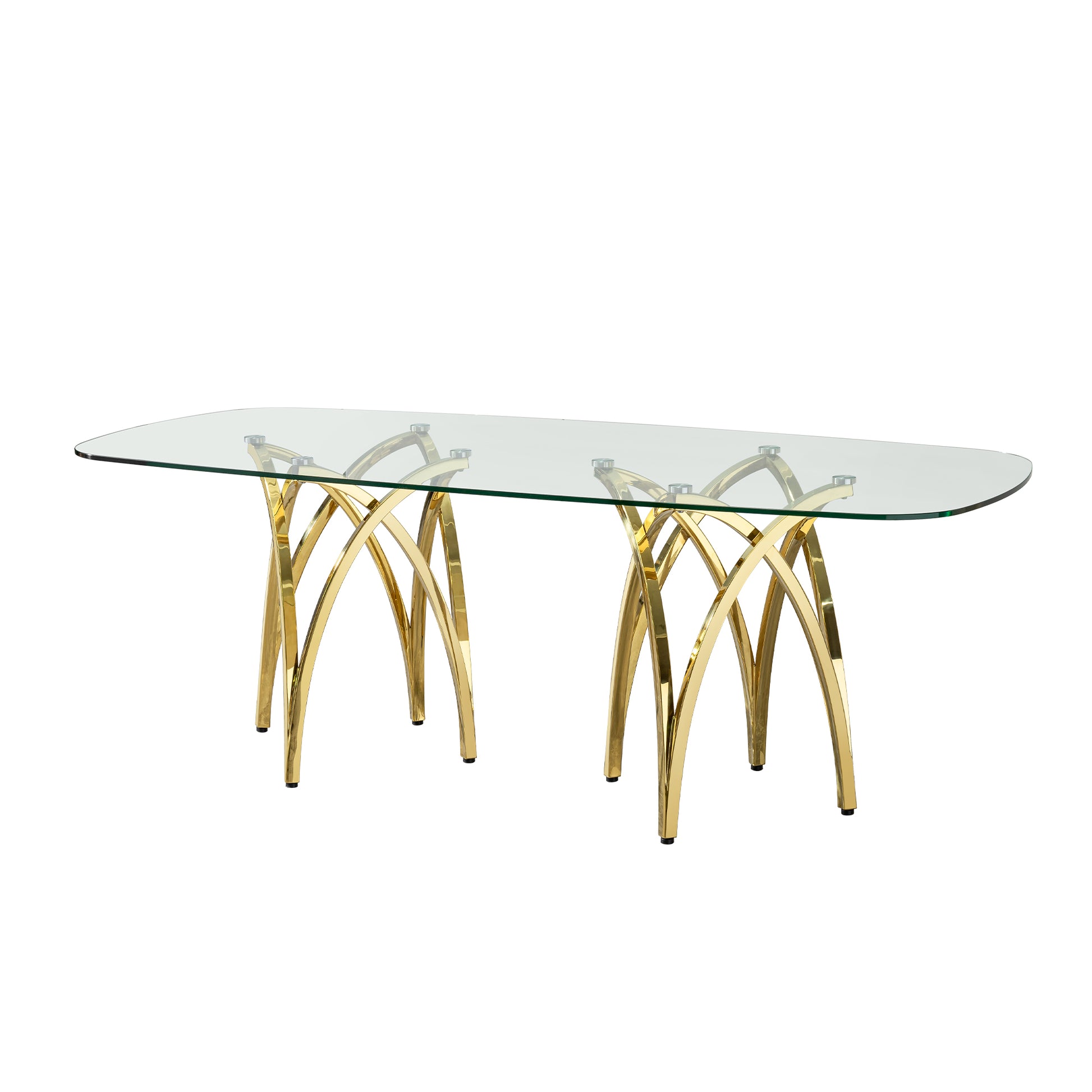 0.47" Thick Tempered Clear Glass Rectangular Big Dining Table With Gold Stainless Steel Base 86.61" L X 39.37" W X 29.92" H Gold Seats 8 Dining Room Modern Kitchen & Dining Tables Polished Oval Stainless Steel