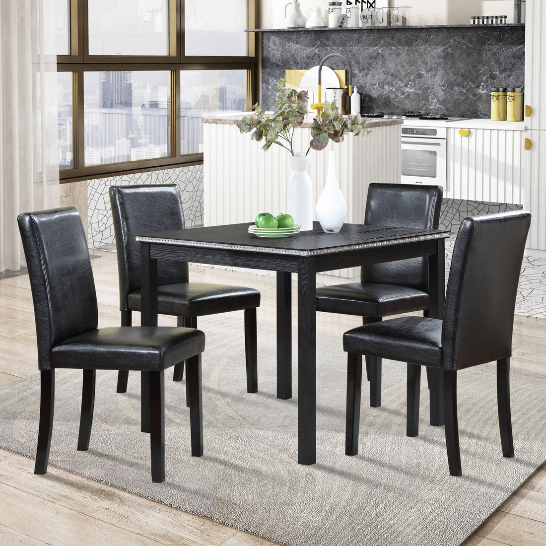 5 Piece Wooden Dining Table Set, Kitchen Table Set With A Square Table And 4 Upholstered Chairs, Wooden Dining Room Table With Crystal Decoration And Chairs Set For Kitchen, Dining Room, Black Black Seats 4 Dining Room 4 Leg Square Dining Table With