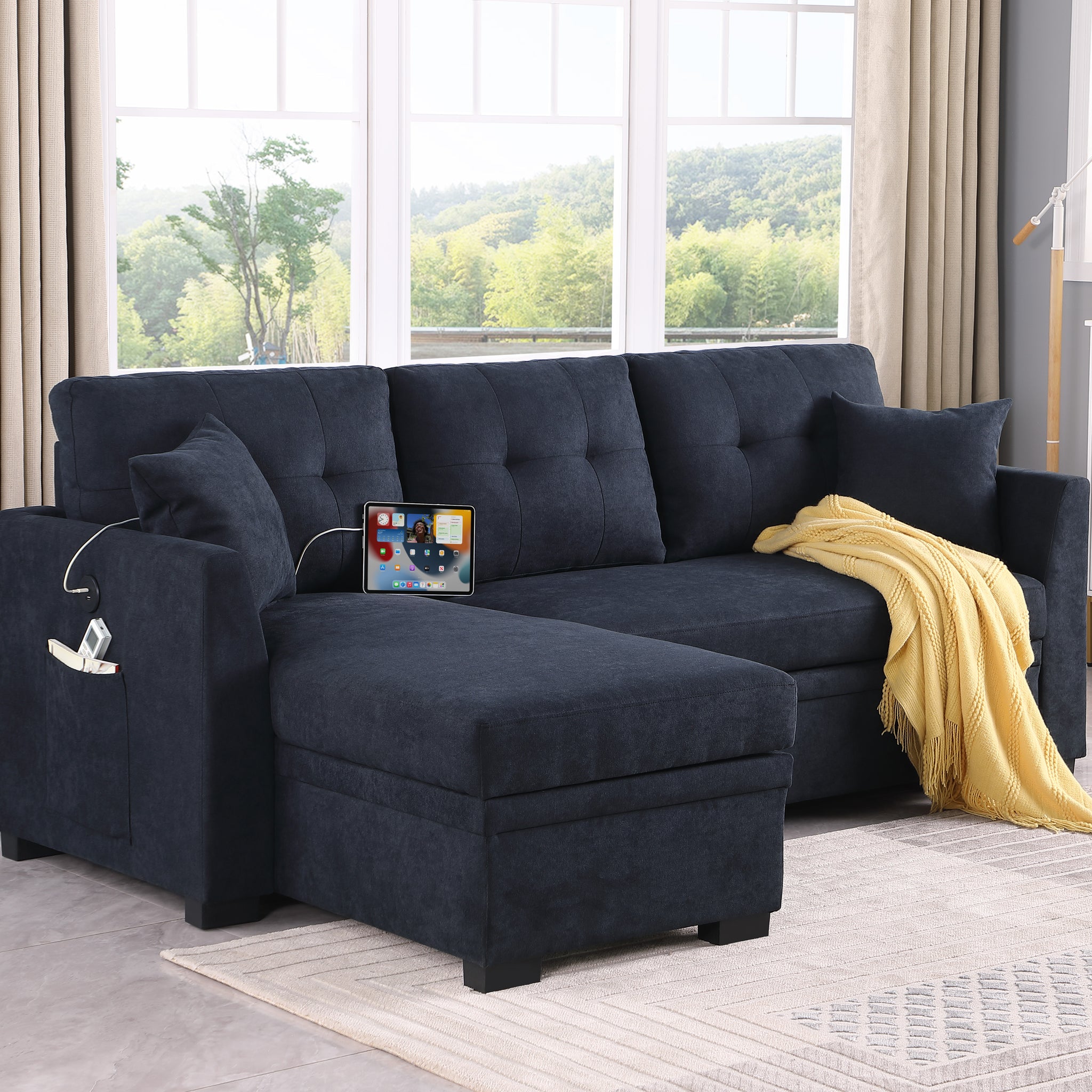 Sectional Sofa Bed L Shaped Sofa Couch Bed With Usb Port, Reversible Sofa Couch Sleeper With Pull Out Bed, Chaise With Storage, Pull Out Couch For Living Room Black Velvet 4 Seat