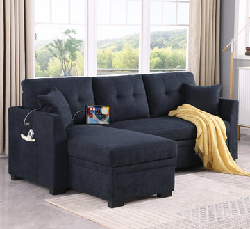 Sectional Sofa Bed L Shaped Sofa Couch Bed With Usb Port, Reversible Sofa Couch Sleeper With Pull Out Bed, Chaise With Storage, Pull Out Couch For Living Room Black Velvet 4 Seat