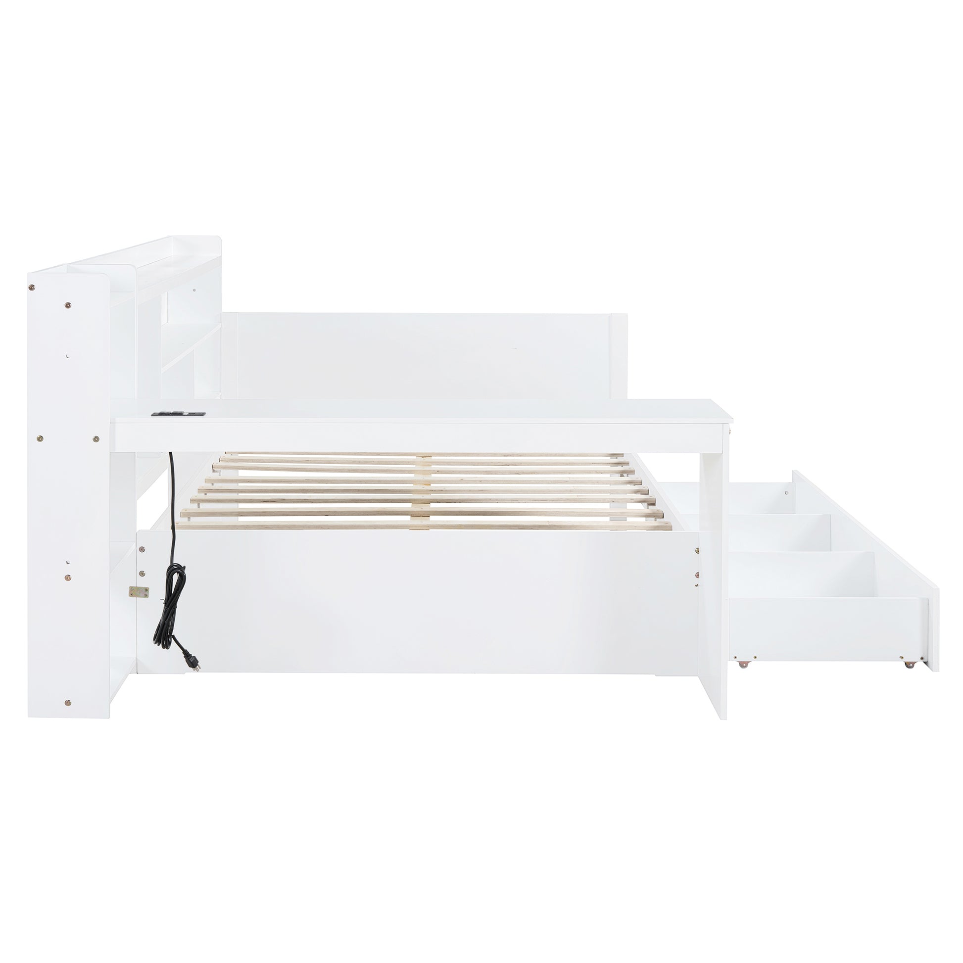 Full Size Wooden Daybed With 3 Drawers, Usb Ports And Desk ,White Full White Wood