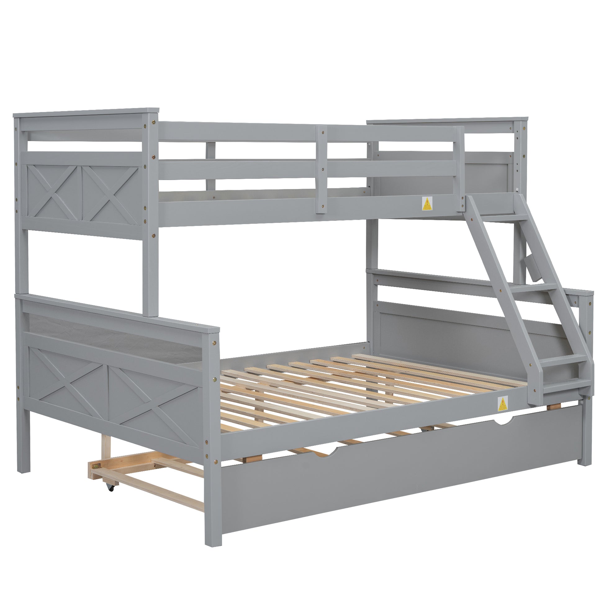 Twin Over Full Bunk Bed With Ladder, Twin Size Trundle, Safety Guardrail, Gray Box Spring Not Required Twin Gray Wood Bedroom Bunk Pine