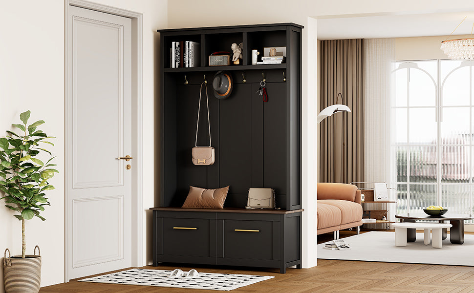 Versatile 4 In 1 Hall Tree With 6 Golden Hooks, Brown Wood Grain Bench With Multiple Storage Space, Entryway Coat Rack With 2 Drawers For Living Room, Hallway, Black, 47.2''W*76.6''H Black Primary