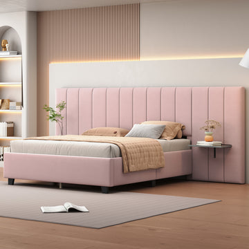 Queen Size Upholstered Platform Bed With Big Headboard, Bedroom Furniture, Velvet, Pink Queen Pink Plywood