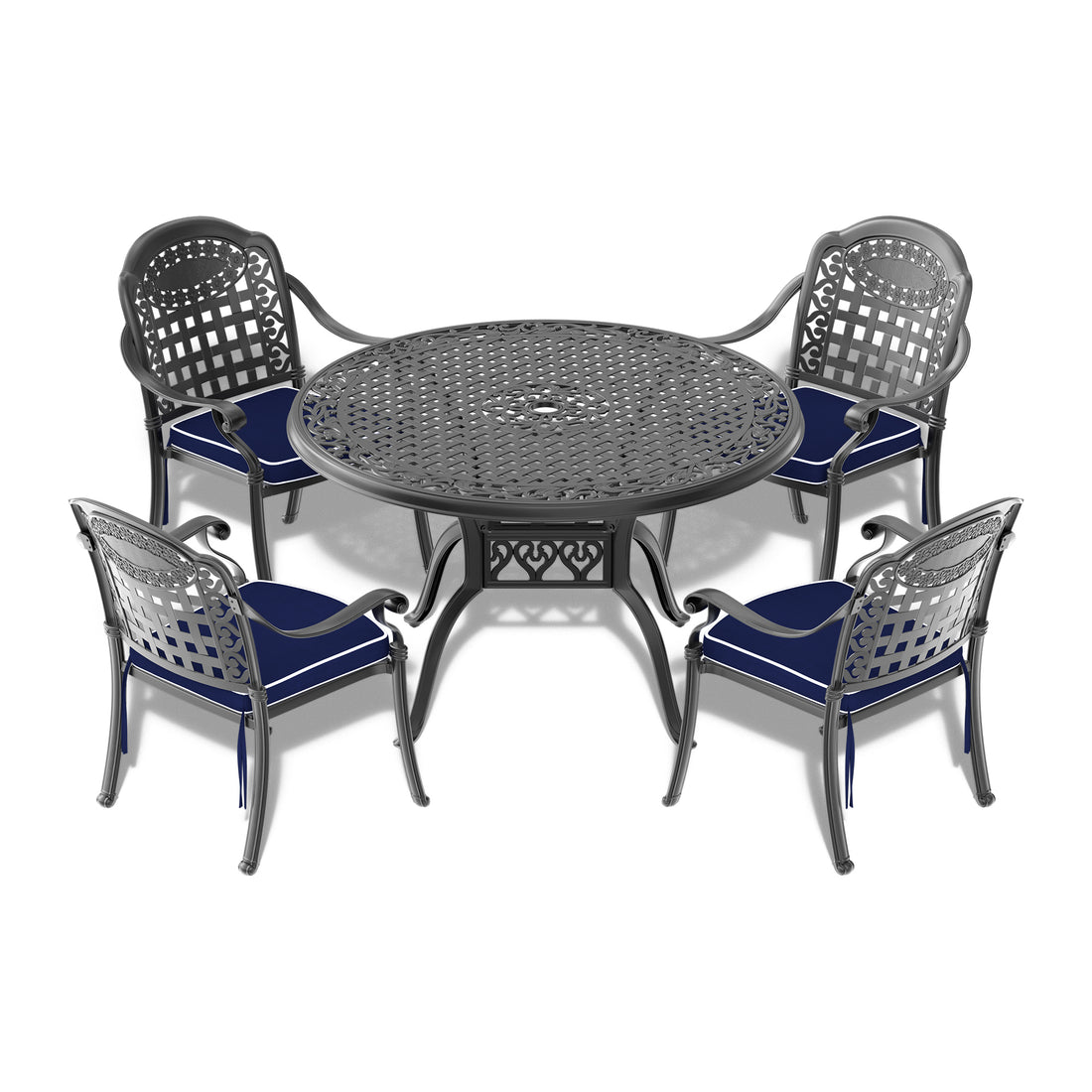 Cushions In Random Colors 5 Piece Set Of Cast Aluminum Patio Furniture With Cushions Yes Dining Set Black Seats 4 Rust Resistant Frame Water Resistant Cushion Garden & Outdoor Complete Patio Sets Aluminium