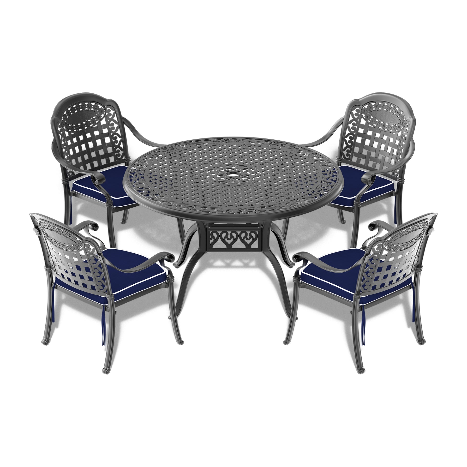 Cushions In Random Colors 5 Piece Set Of Cast Aluminum Patio Furniture With Cushions Yes Dining Set Black Seats 4 Rust Resistant Frame Water Resistant Cushion Garden & Outdoor Complete Patio Sets Aluminium