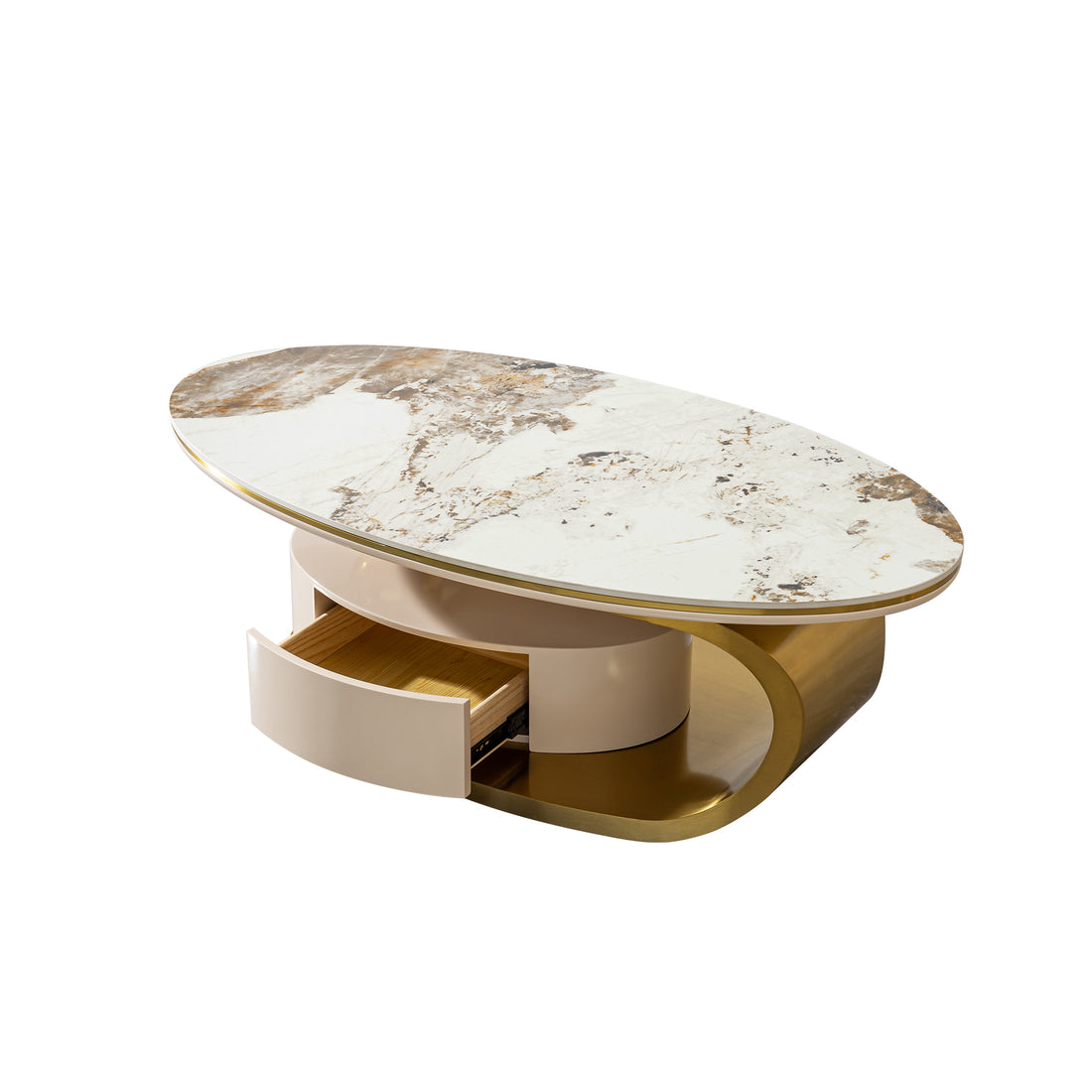 Modern 0.47" Thickness Sintered Stone Coffee Table With 2 Drawers,Matt Gold Stainless Steel Base Gold Primary Living Space Modern Drawers Coffee & End Tables Oval Stainless Steel