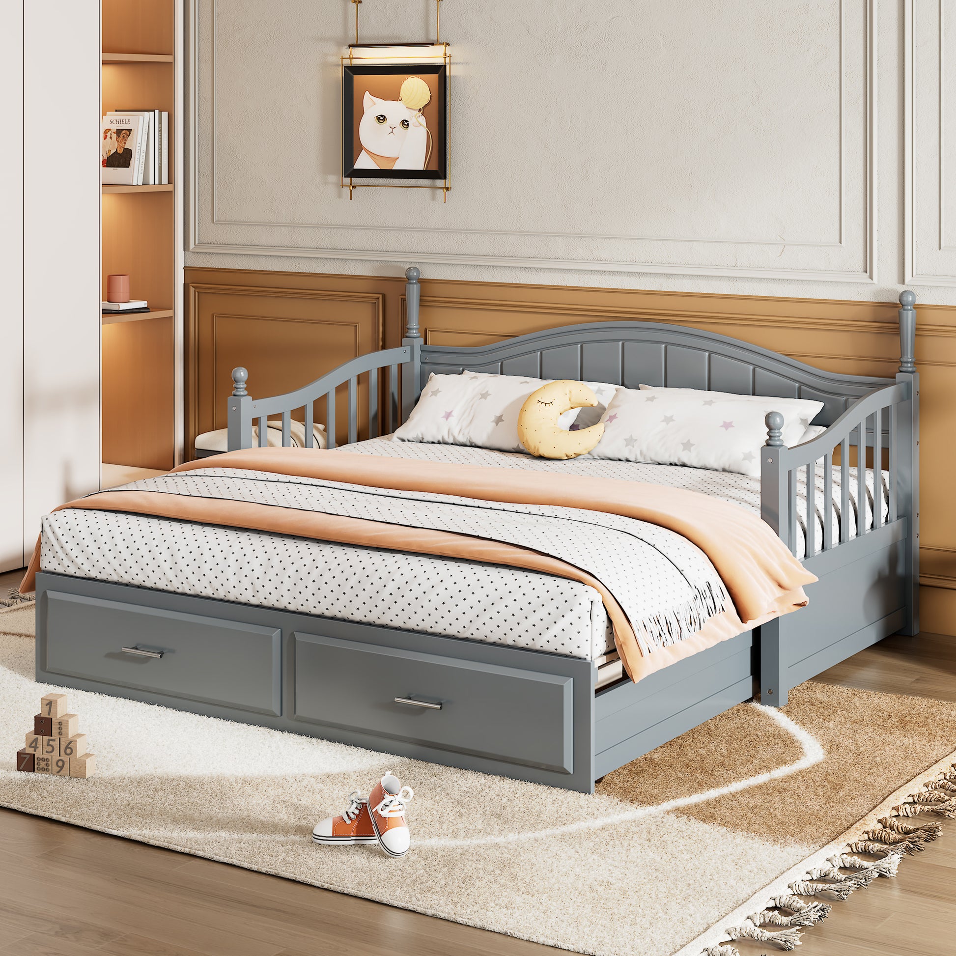 Wooden Twin Size Daybed With Twin Size Trundle, Extendable Daybed With Two Storage Drawers,Gray Expected Arrival Time:9.12 Twin Gray Wood