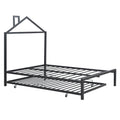 Full Size Metal Platform Bed With Twin Size Trundle,House Shaped Headboard Design, Black Full Black Metal