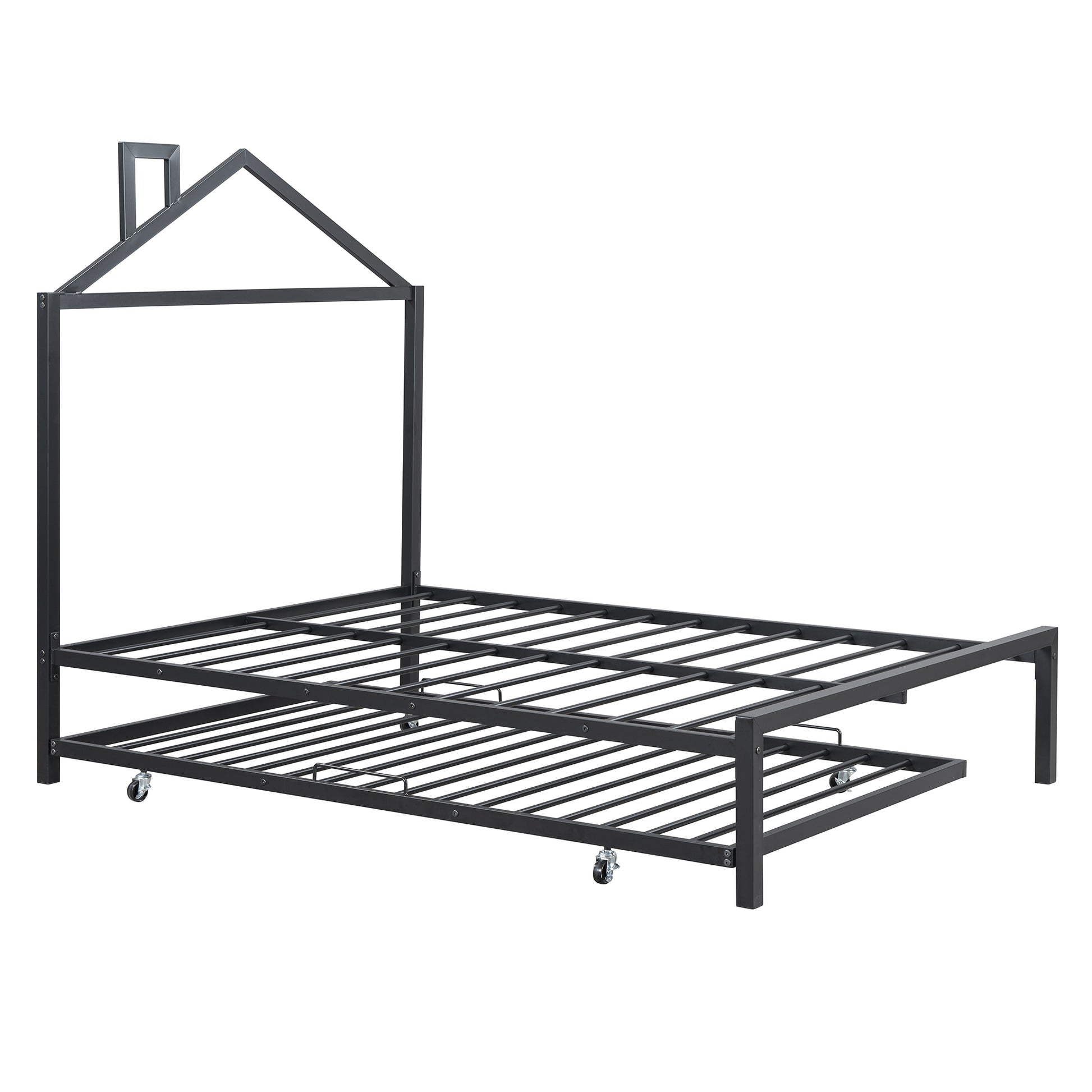 Full Size Metal Platform Bed With Twin Size Trundle,House Shaped Headboard Design, Black Full Black Metal