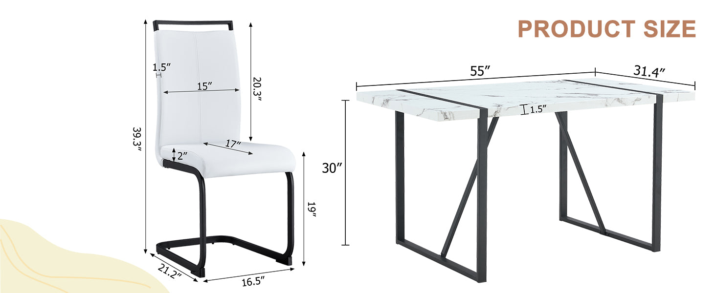 Table And Chair Set.A Modern Minimalist White Marble Veined Mdf Dining Table With Black Metal Frame.Paried With 6 Chairs With White Pu Cushions And C Tube Black Metal Legs. White Seats 6 Mdf Metal