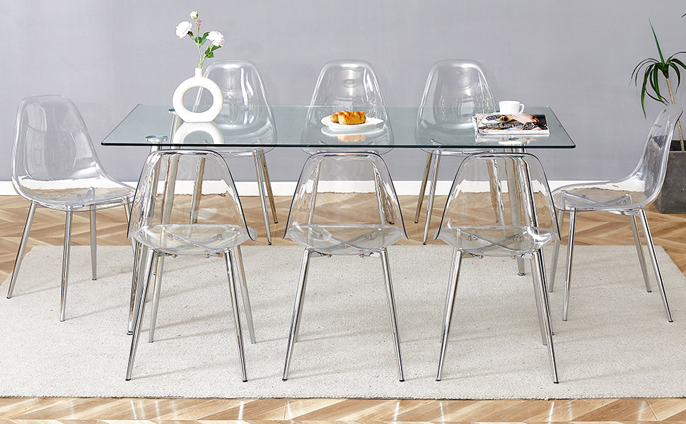 Table And Chair Set.Modern Rectangular Glass Dining Table With Tempered Glass Countertop And Silver Metal Legs, Paired With Multiple Transparent High Quality Pet Dining Chairs With Silver Legs. Silver Seats 8 Tempered Glass