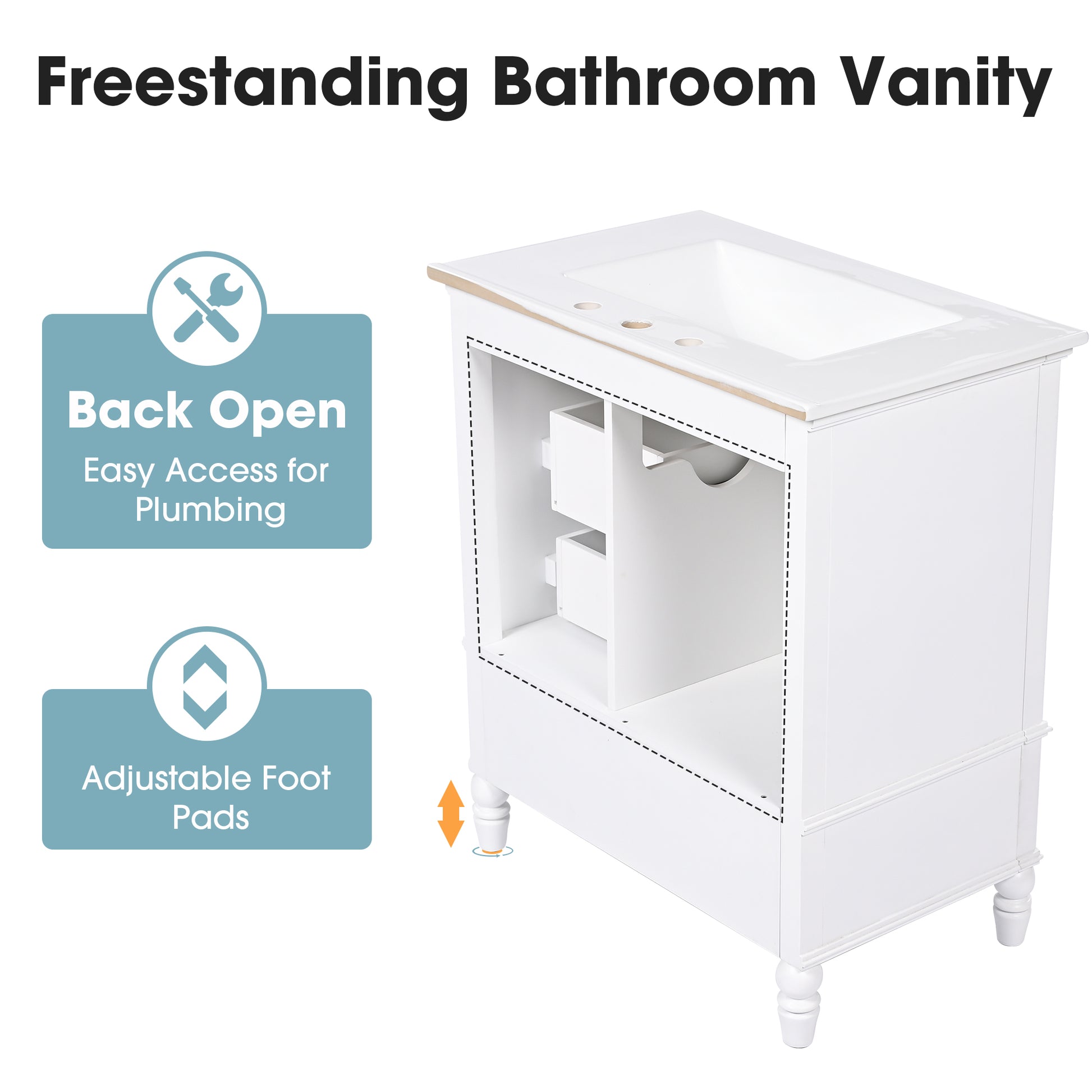 30" Bathroom Vanity With Sink, Bathroom Cabinet With A Door, Three Drawers, Solid Wood Legs & Mdf Board, Adiustable Foot Pads, White White Mdf