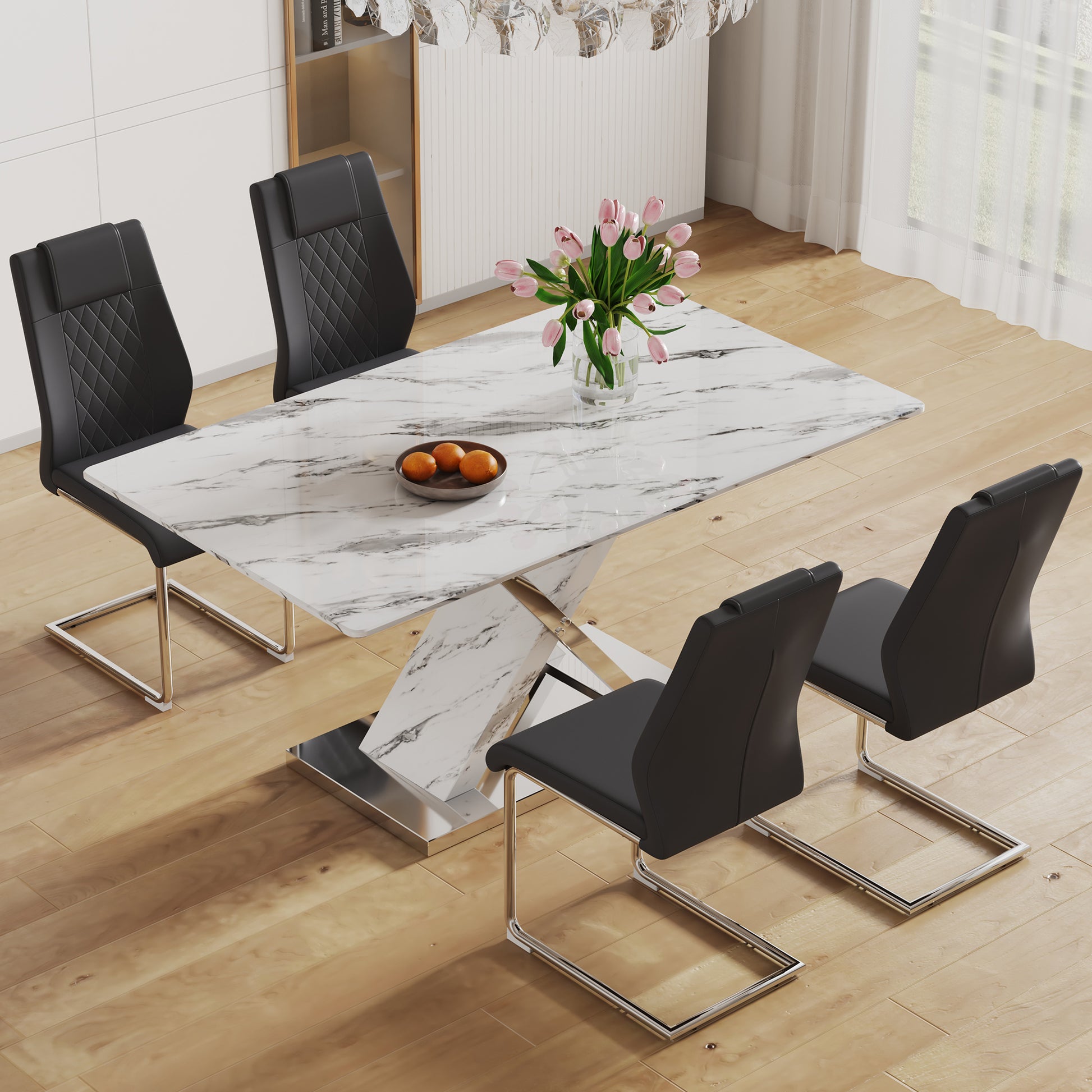 Table And Chair Set, Modern Dining Table, Imitation Marble White Top And Silver Legs, Soft And Comfortable Dining Chair, Perfect For Dinner, Meetings, Home And Office Decor Black Silver Glass Metal