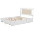 Queen Size Wooden Rattan Platform Bed, With 2 Big Drawers, T Size Trundle, White Queen White Plywood