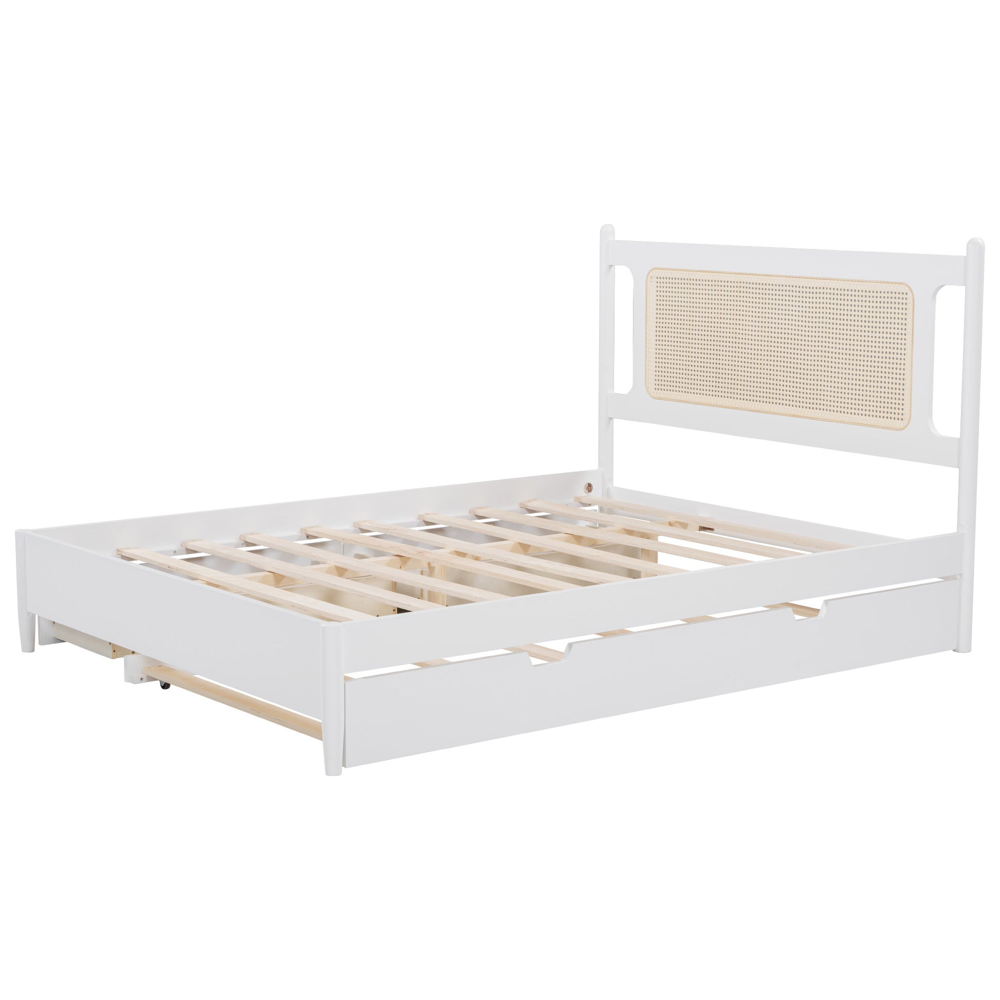 Queen Size Wooden Rattan Platform Bed, With 2 Big Drawers, T Size Trundle, White Queen White Plywood