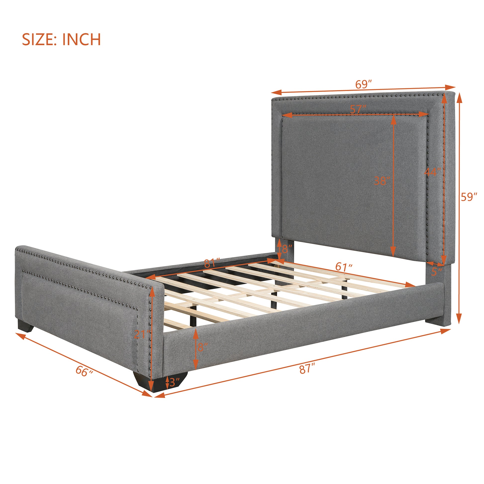 Queen Size Upholstered Bed ,Modern Upholstered Bed With Wooden Slats Support, No Box Spring Needed, Easy Assembly, Gray Box Spring Not Required Queen Gray Plywood