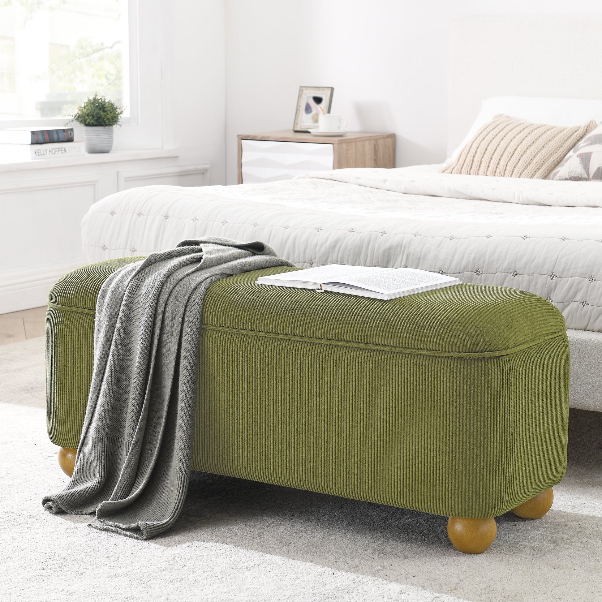 Flannelette Fabric Storage Ottoman Bench, Cushioned Bed End Ottoman Bench With Storage And Seat, Suitable For Bedrooms, Living Rooms, And Entrance Passages Green 41.73"*15.55"*17.71" Green Foam