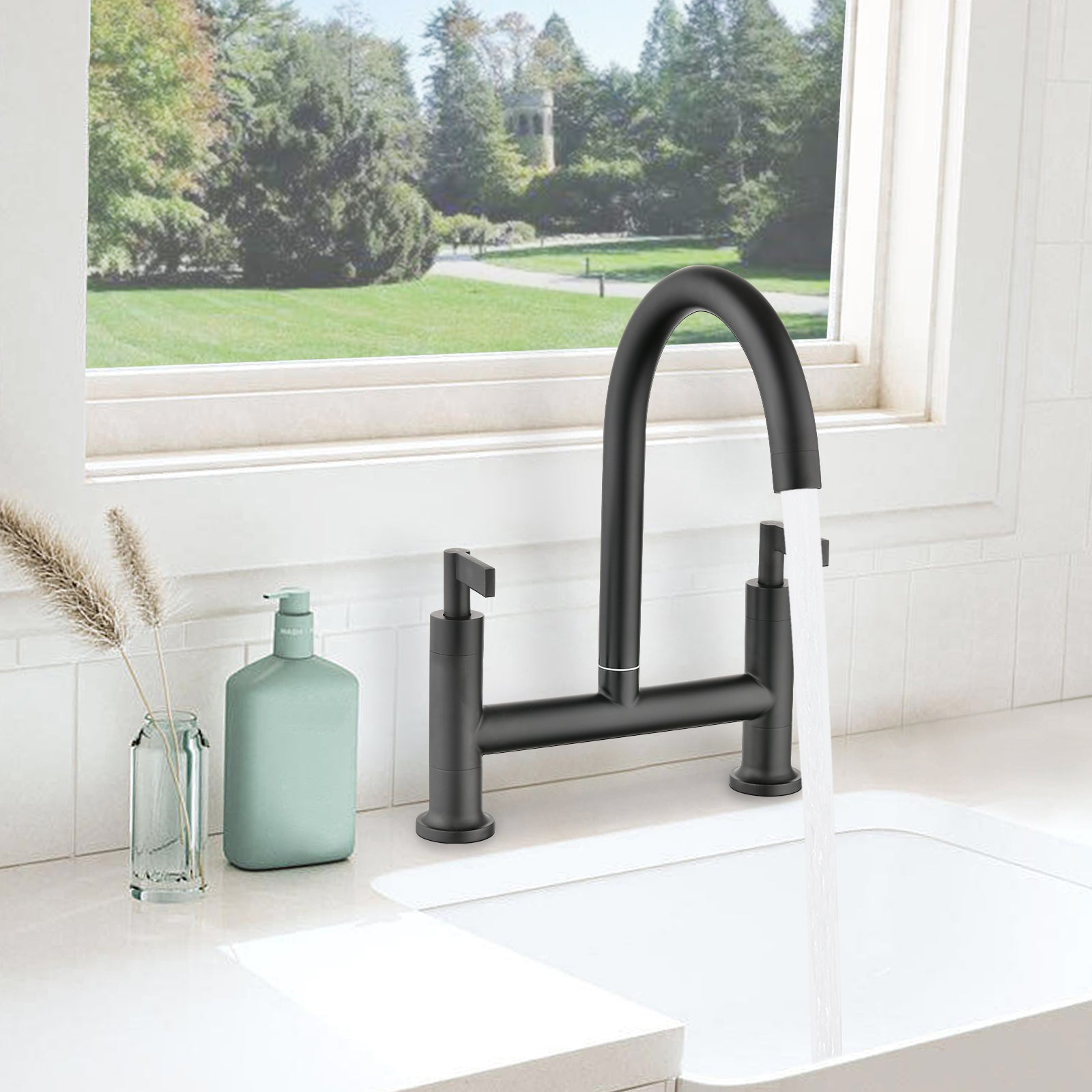 Double Handle Bridge Kitchen Faucet Matte Black Kitchen Metal Stainless Steel