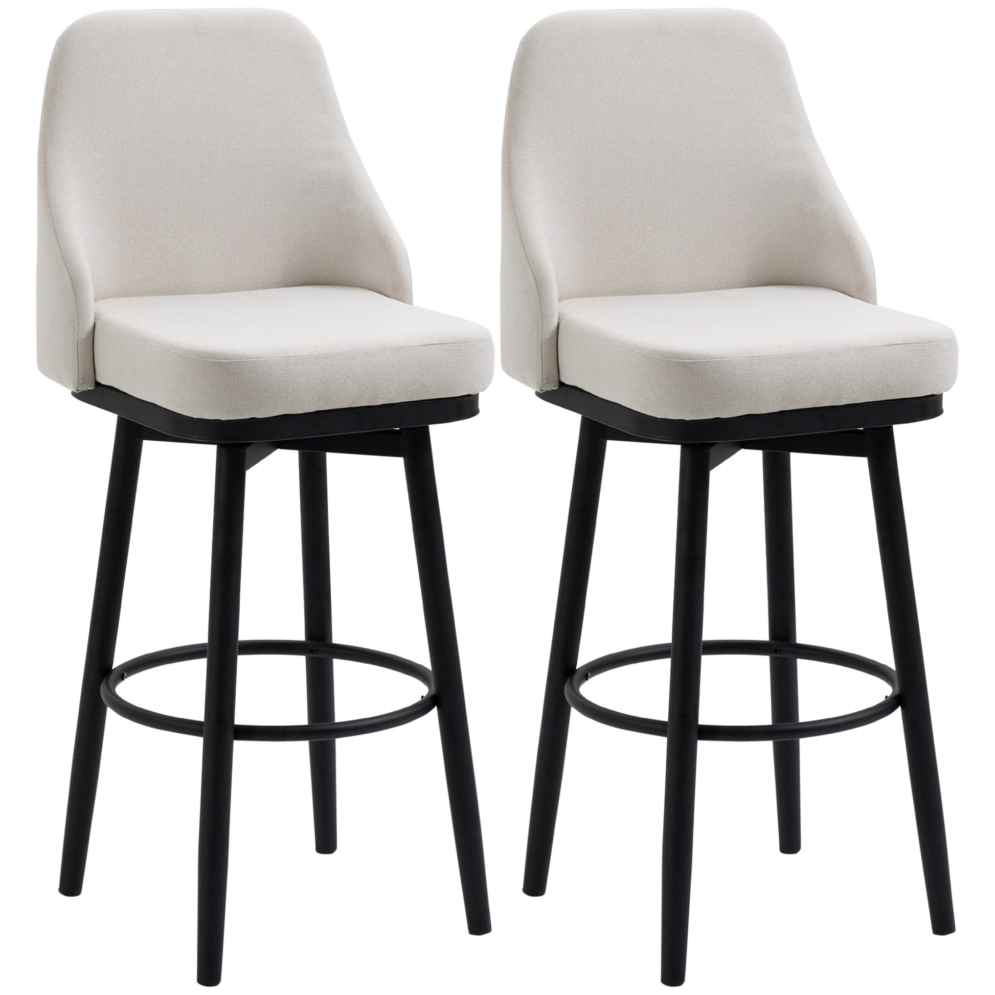 Homcom Bar Height Bar Stools Set Of 2, Modern 360 Swivel Barstools, 29.5 Inch Seat Height Upholstered Kitchen Chairs With Steel Legs And Footrest, Cream White Cream White Polyester