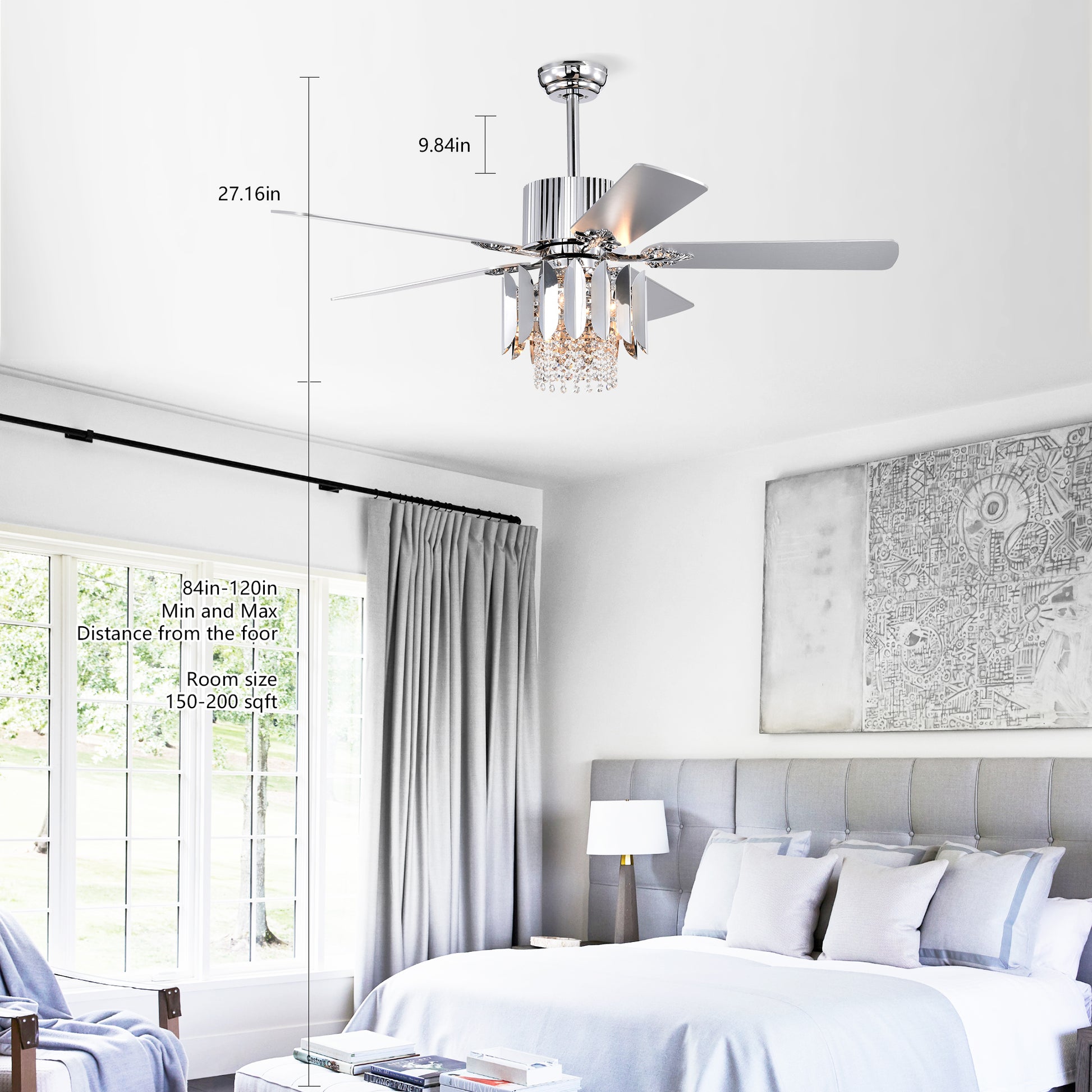 Crystal Ceiling Fan Reversible Blades 3 Wind Speeds Remote Control For Bedroom Living Dining Room Chrome Chrome American Design,American Traditional,Retro,Traditional,Vintage Crystal Iron