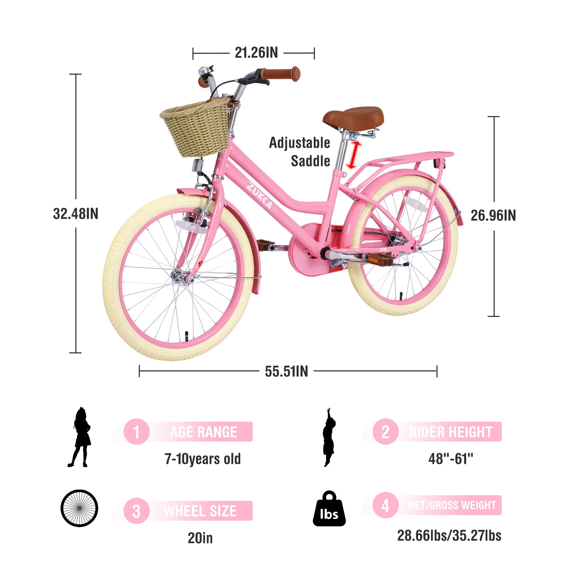 Multiple Colors,Girls Bike With Basket For 7 10 Years Old Kids,20 Inch Wheel ,No Training Wheels Included Cycling Light Pink Garden & Outdoor Carbon Steel