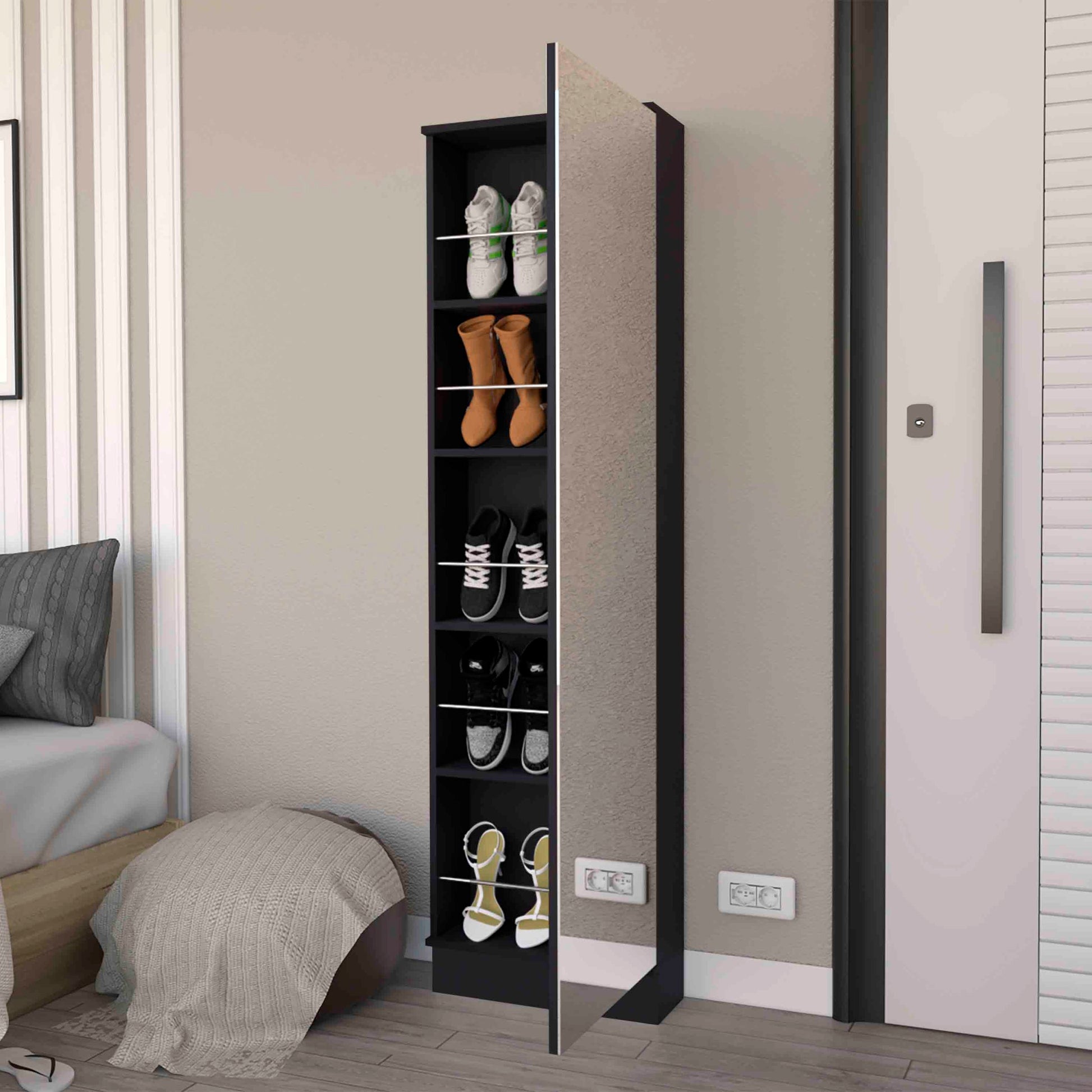 Ruan Xl Shoe Rack, Mirror, Five Interior Shelves, Single Door Cabinet Black Mdf Engineered Wood