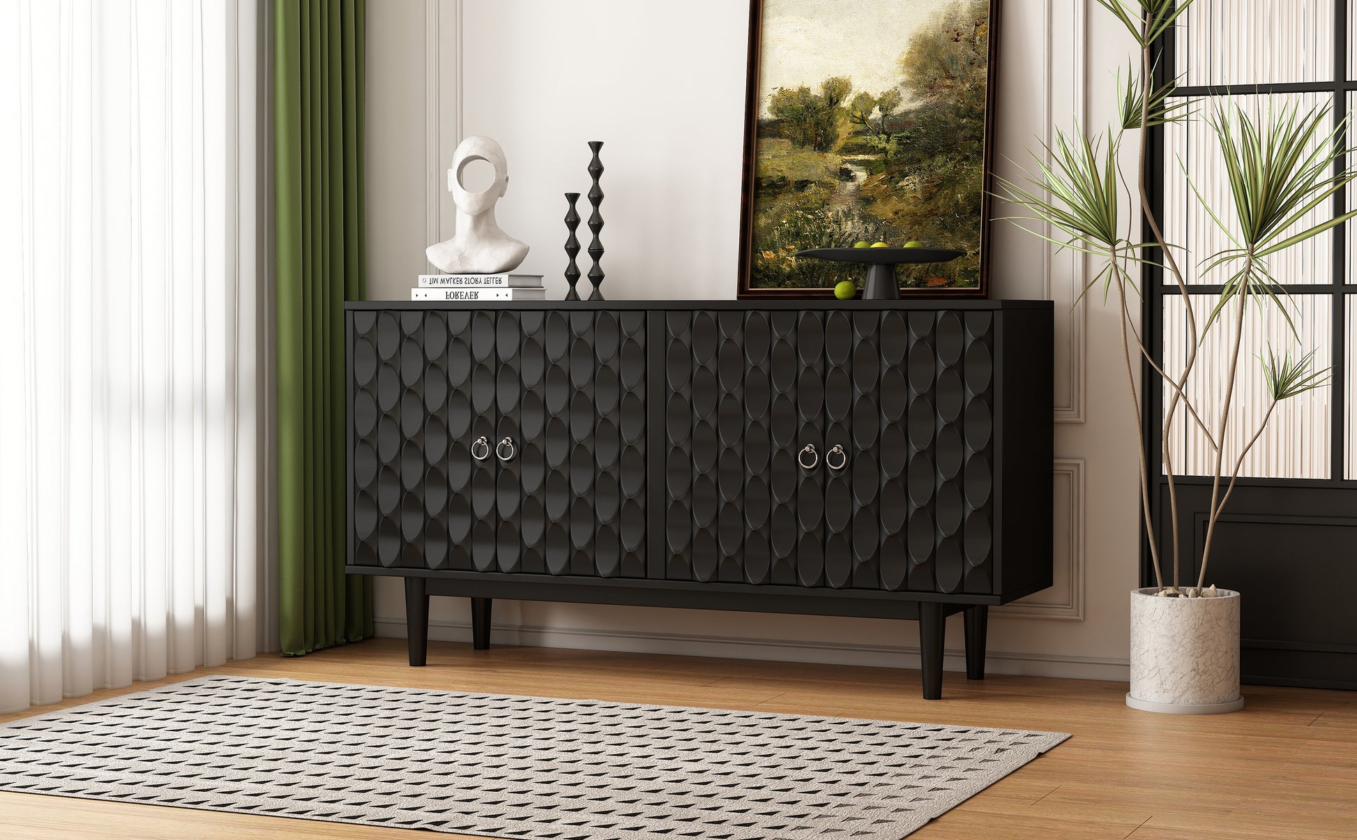 Modern 4 Door Sideboard With Convex Pattern Doors And 2 Silver Handle For Living Room, Dining Room, Kitchen Black Black Mdf