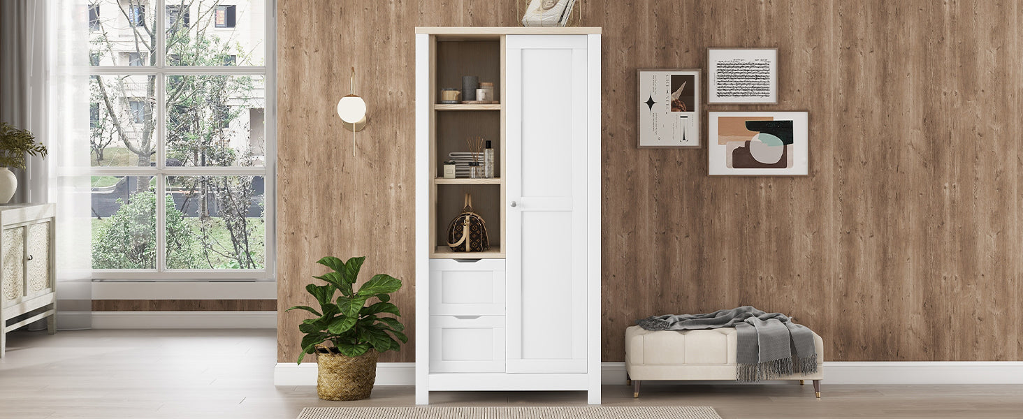 Bedroom Storage Wardrobe With Hanging Rods And 2 Drawers And Open Shelves,Sliding Door,White White Mdf