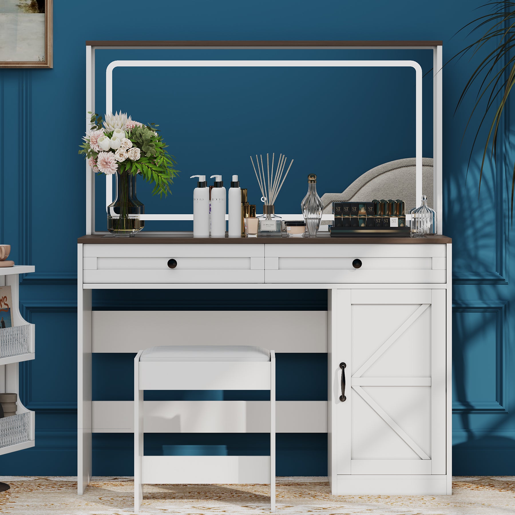 43.3"Makeup Vanity Table, Makeup Table With Large Mirror And Led Light Strip, Brightness Adjustable, Dressing Table Desk With 3 Drawers, Vanity Desk For Women White With Stool White Particle Board