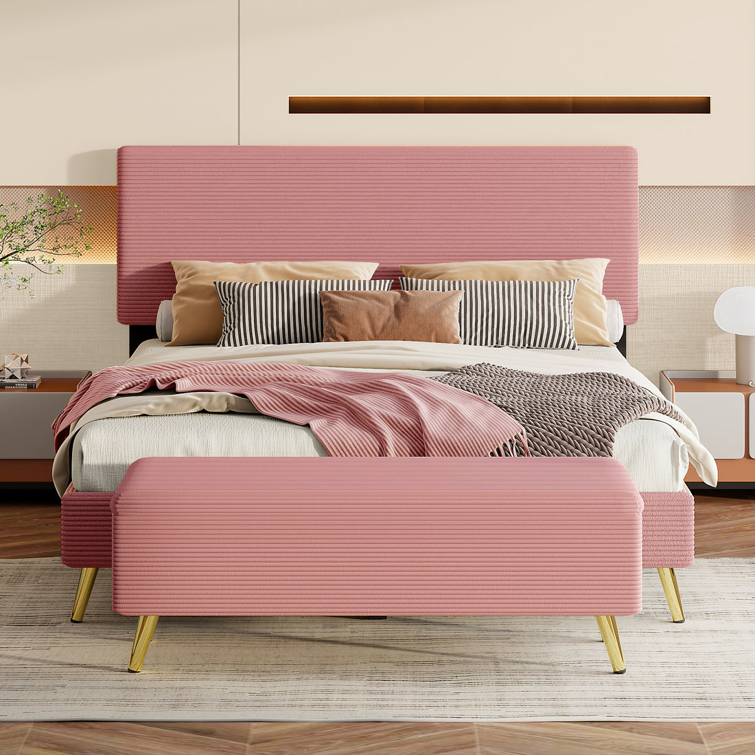 2 Pieces Bedroom Sets Queen Size Upholstered Bed Frame, Modern Corduroy Storage Ottoman,Pink Queen Pink 2 Piece Set Solid Wood Mdf