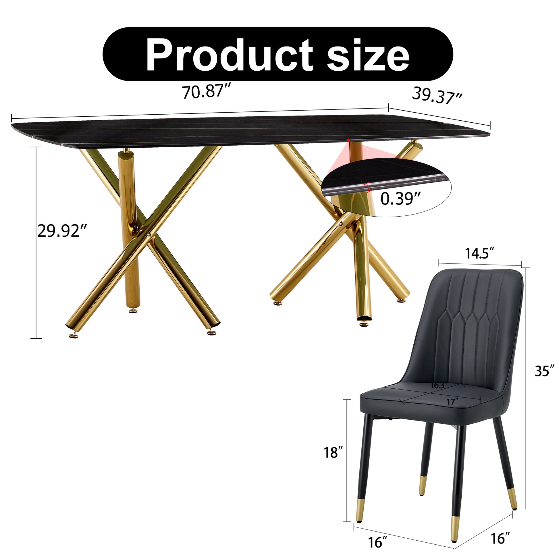 Large Modern Minimalist Rectangular Dining Table With 0.39 "Imitation Marble Black Desktop And Gold Metal Legs, Paired With 6 Chairs With Pu Cushions And Black Metal Legs.F 1538 C 007 Black Gold Glass Metal