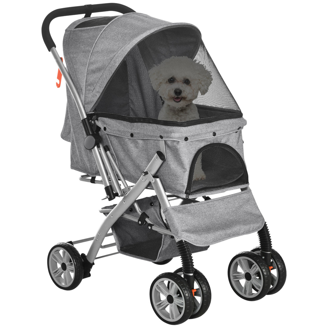 Pawhut Travel Pet Stroller For Dogs, Cats, One Click Fold Jogger Pushchair With Swivel Wheels, Braket, Basket Storage, Safety Belts, Adjustable Canopy, Zippered Mesh Window Door, Grey Grey Steel