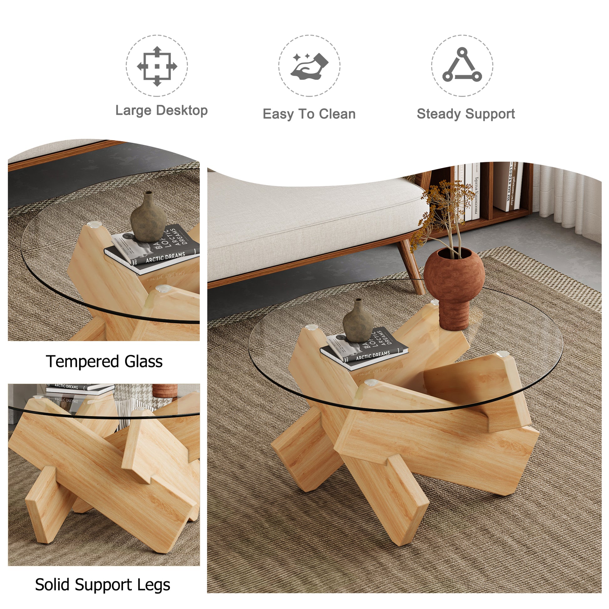 Circular Glass Coffee Table, 33.4 Inch Modern And Distinctive Design Tea Table. Tempered Glass Countertop, Wood Colored Mdf Table Legs. Suitable For Living Rooms And Farmhouses Transparent Glass