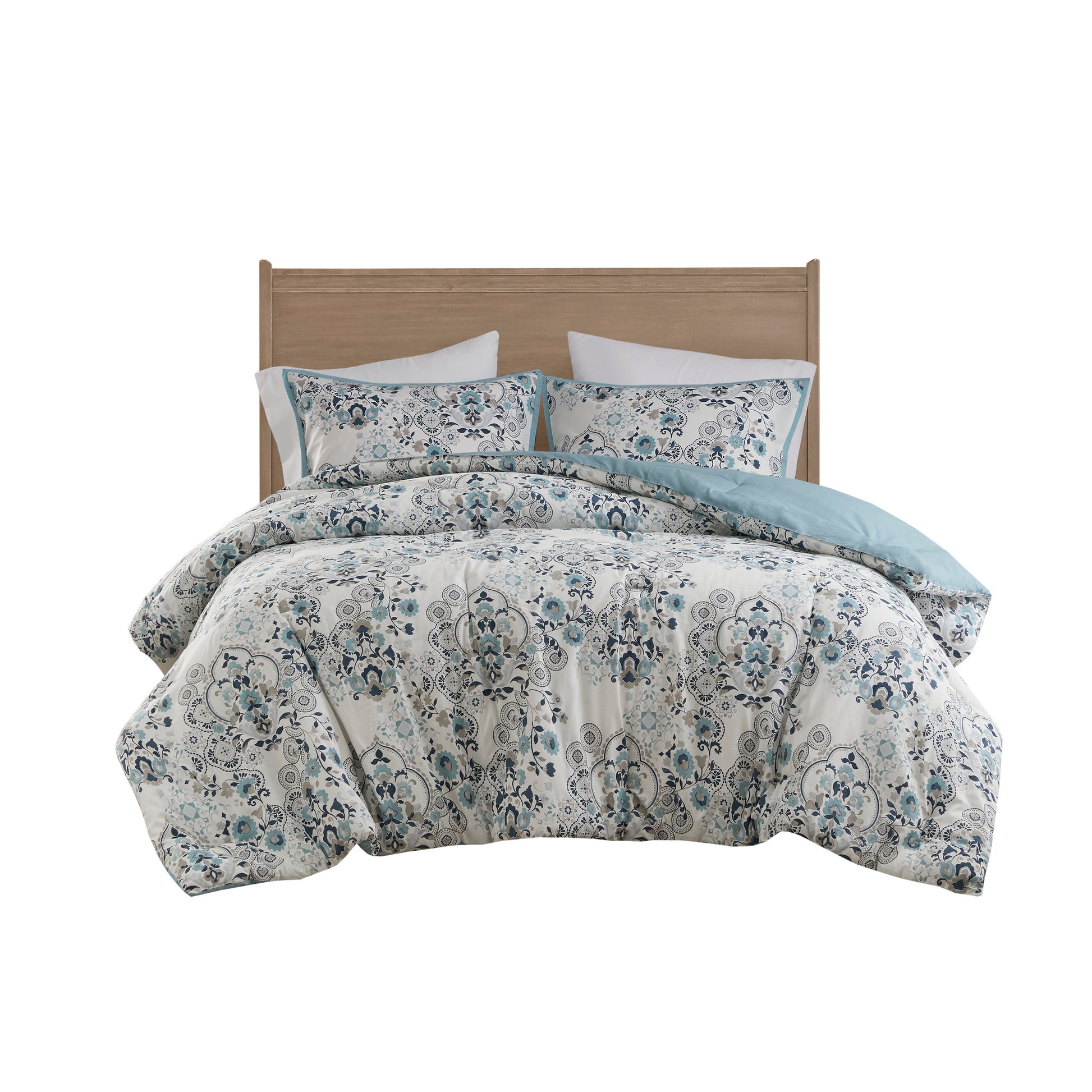 3 Piece Floral Printed Cotton Comforter Set Blue King Cal King King Blue Cotton
