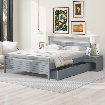 Queen Size Wooden Platform Bed With 2 Storage Drawers And 2 Bedside Tables, Gray Queen Gray Pine