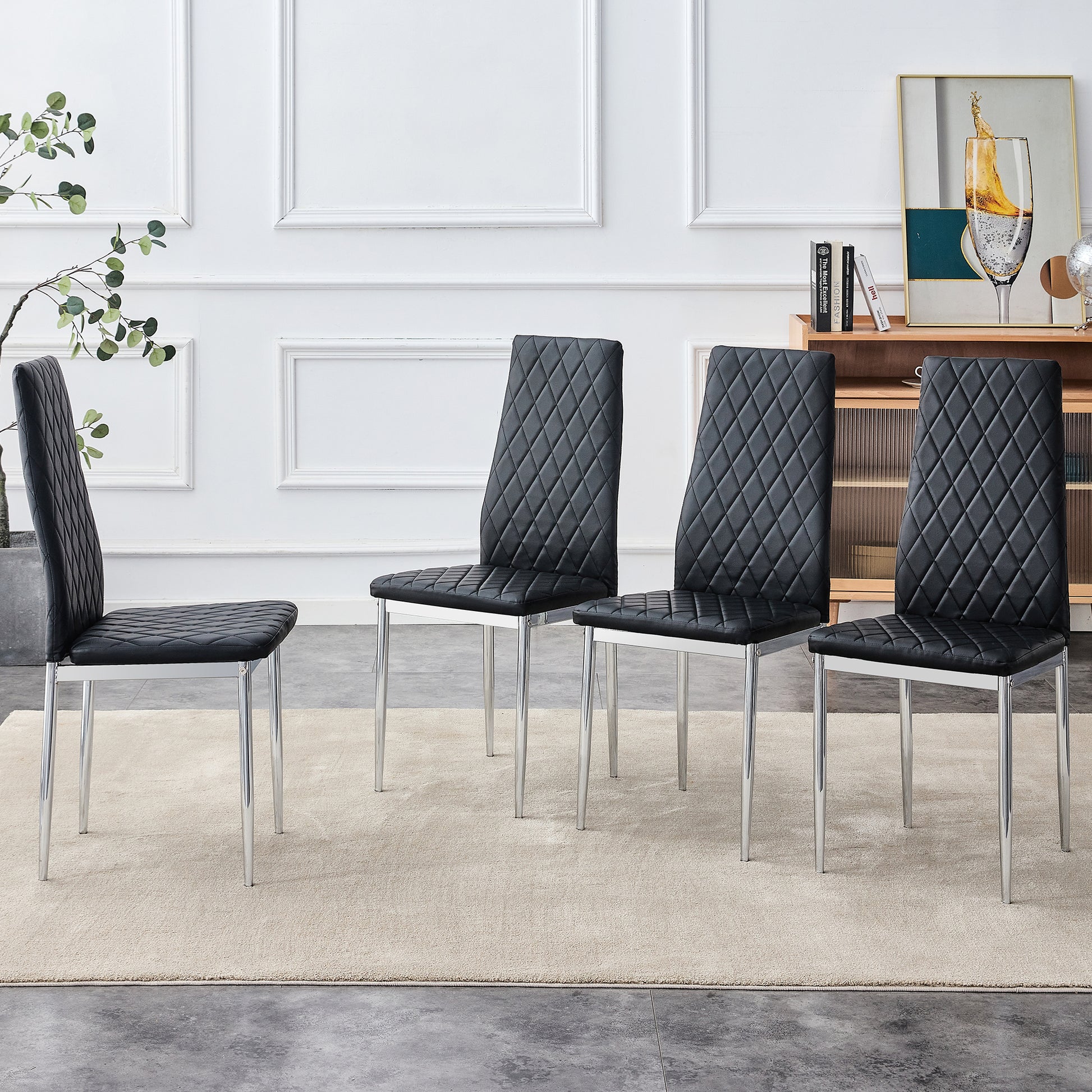 Checkered Armless High Back Dining Chair, 4 Piece Set, Black Chair And Electroplated Metal Legs, Office Chair. Suitable For Restaurants, Living Rooms, Kitchens, And Offices.W115162605 0924 Black Pu