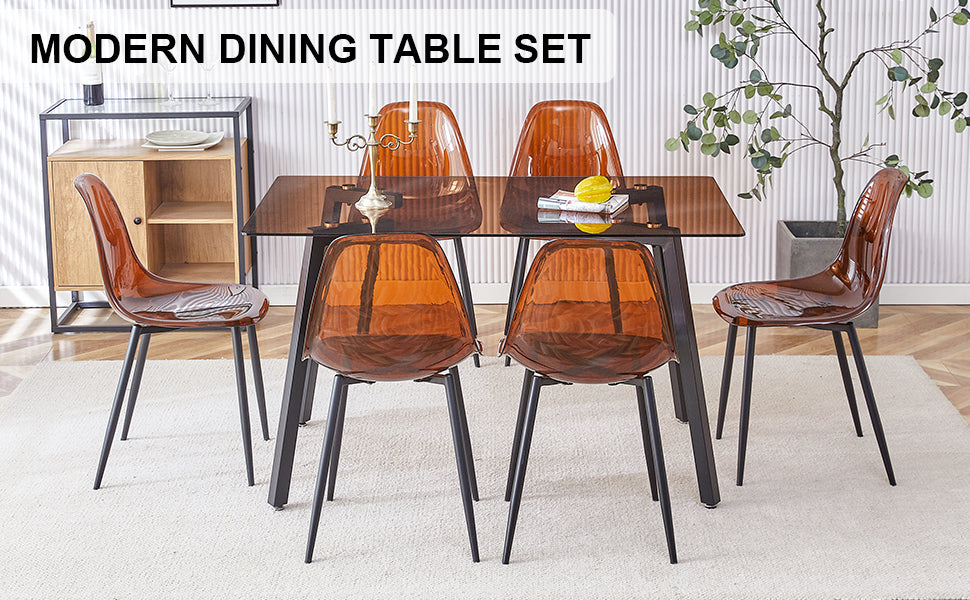 Table And Chair Set.Dark Brown Tempered Glass Tabletop, Black Metal Legs, Dining Table, Work Desk,Dark Brown Transparent Dining Chair. Suitable For Dining Room, Is A Good Choice For Families. Dark Brown Seats 6 Glass