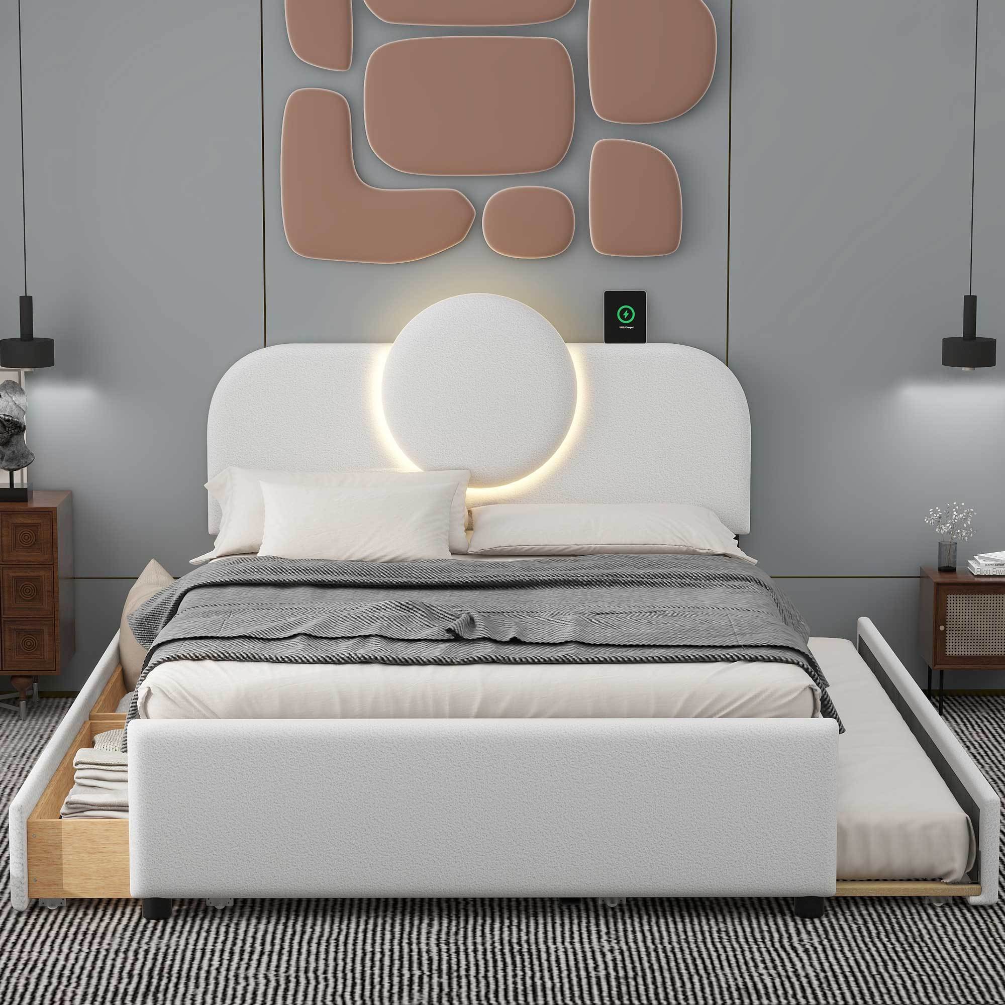 Full Size Upholstered Platform Bed With Multi Functional Headboard, Trundle And 2 Drawers, White Box Spring Not Required Full White Wood Bedroom Upholstered