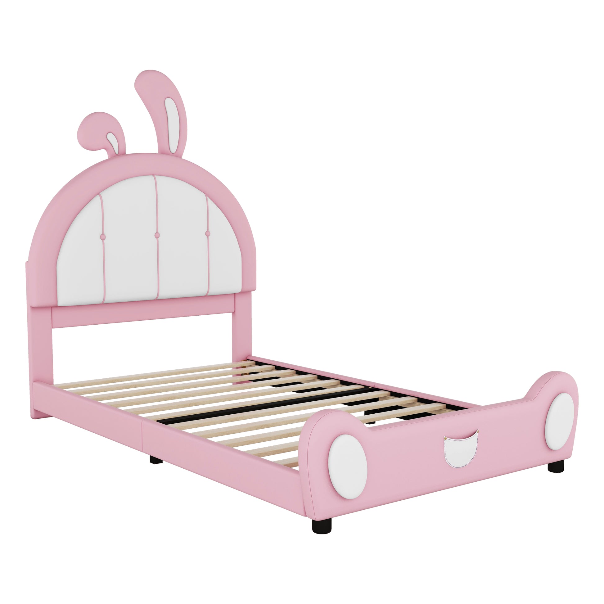 Twin Size Upholstered Platform Bed With Rabbit Shaped Headboard, Pink Box Spring Not Required Twin Pink White Wood Bedroom Bed Frame Faux Leather Upholstered